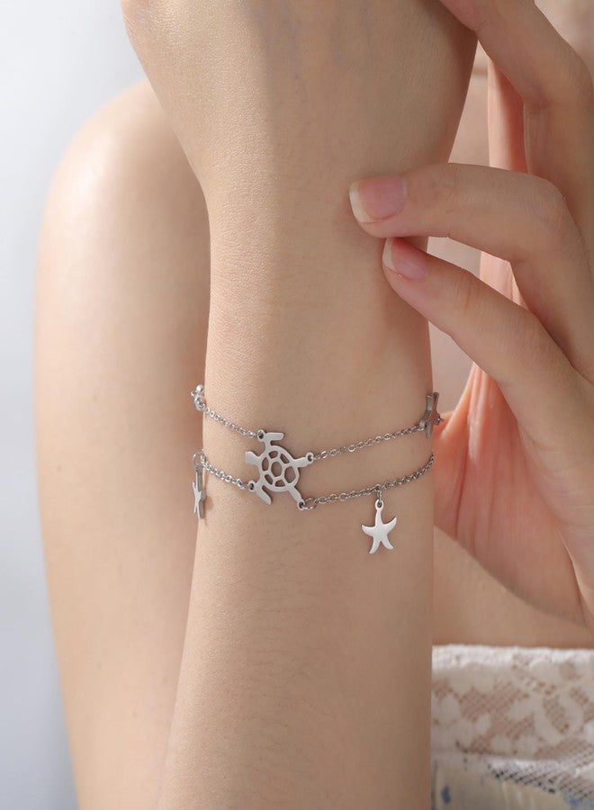 UNIFT Sea Turtle Starfish Bracelet Anklet For Women Stainless Steel Hollow Out Adjustable Layered Summer Beach Nature Ocean Jewelry Gifts (silver) - Image 2